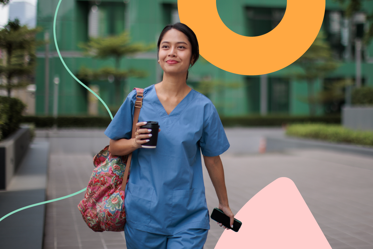 Travel nurse walking with coffee